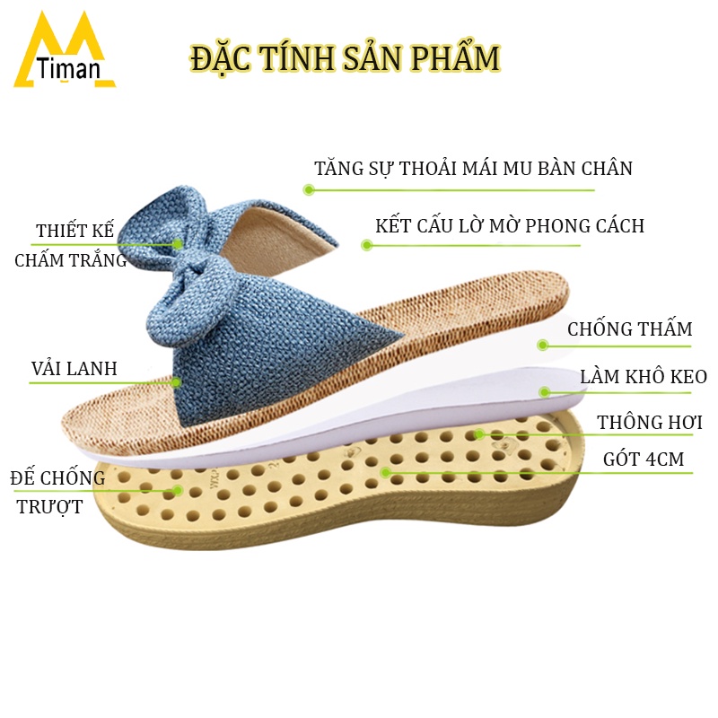 Dép mang trong nhà nữ vải nơ TIMAN DTA3 thoáng khí êm chân bảo hành 1 năm