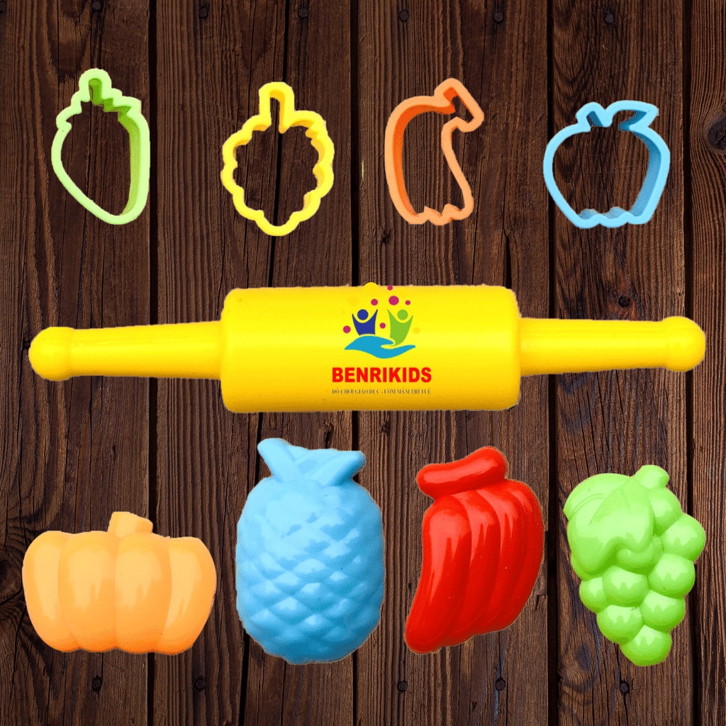 Đồ Chơi Khuôn Đất Nặn, Set 8 Khuôn Kèm Cán Lăn Bằng Nhựa An Toàn Cho Bé Khi Chơi