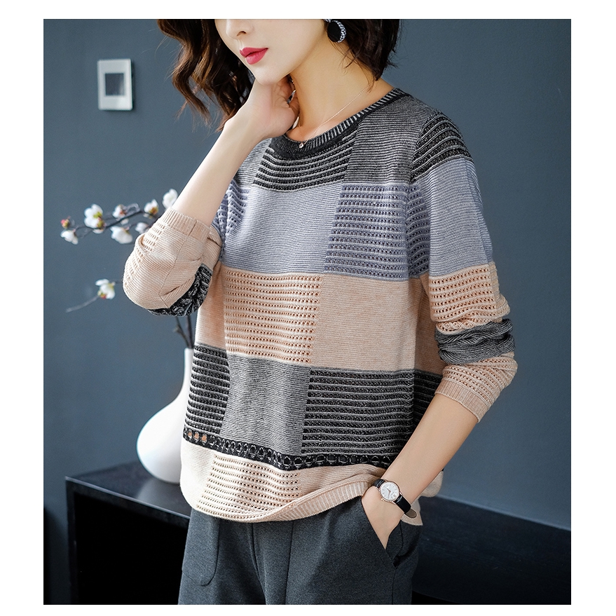 Autumn Women Knit Ice Silk Blouse Loose Bottoming Shirt Stripes Long Sleeves Tops Clothes | BigBuy360 - bigbuy360.vn