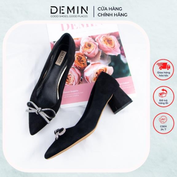 VIP Giày Cao Gót DEMIN giày cao gót chất da lộn họa tiết nơ gắn đá xinh xắn đế 5 cm - DCG138