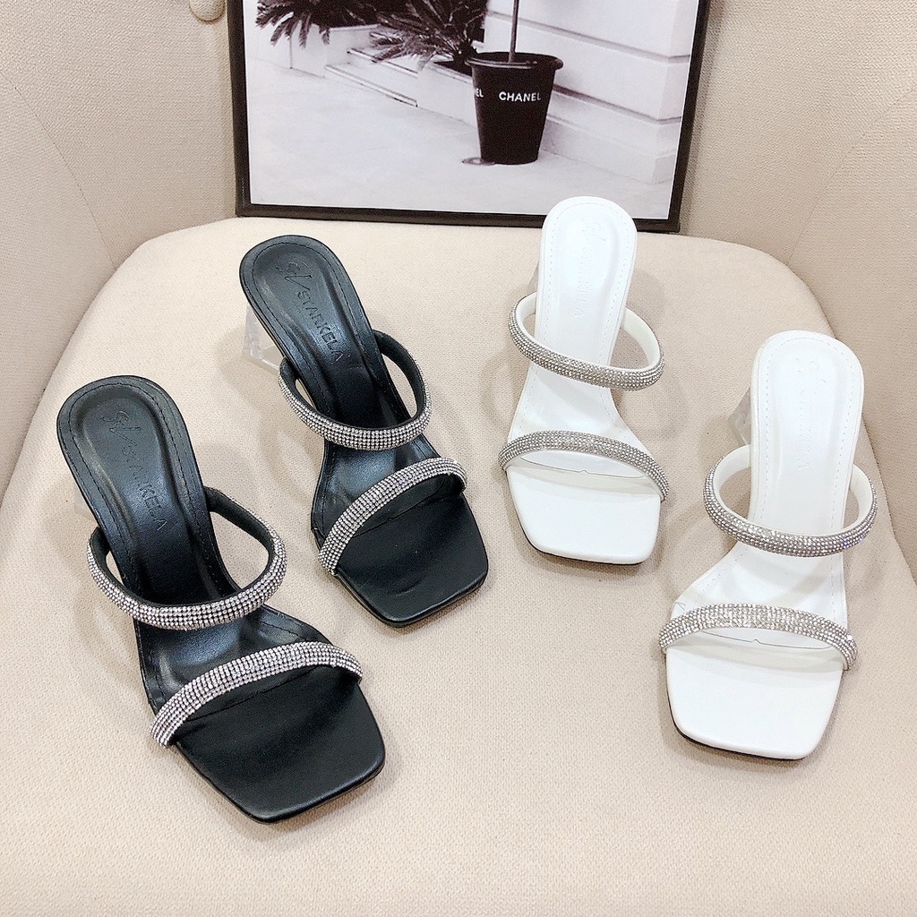 Guốc dép nữ cao gót 7p quai đôi xoàn đá chất da dày mềm mịn cực xinh - Chị Chảnh Store