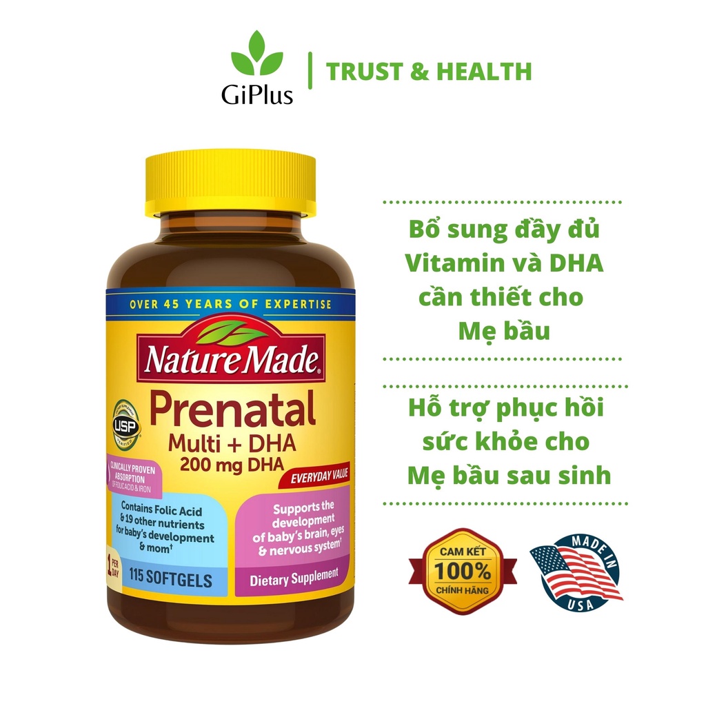 Viên Uống Bổ Sung Vitamin Tổng Hợp Cho Bà Bầu Nature Made Prenatal Multi DHA (150 viên/Lọ)