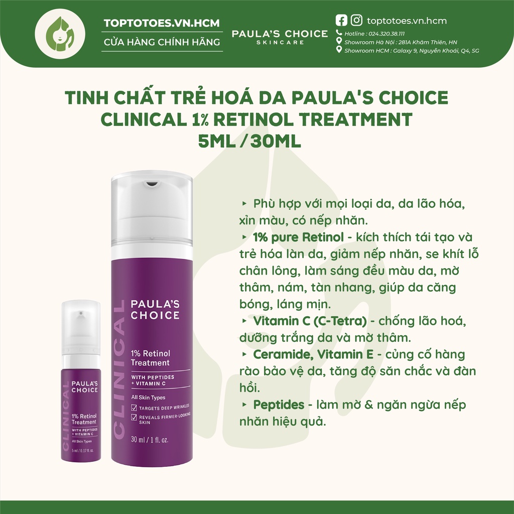 Tinh chất làm mờ nám và nếp nhăn Paula's Choice 1% Retinol Clinical Treatment 5ml &amp; 30ml [NHẬP KHẨU CHÍNH HÃNG 100%]