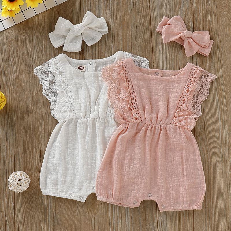 Set jumpsuit + băng đô cài tóc thiết kế ren mùa hè cho bé gái