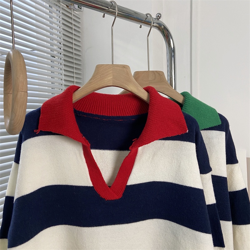Áo Sweater Dệt Kim Cổ POLO Dáng Rộng Kẻ Sọc Màu Tương Phản Kiểu Hàn Quốc Thời Trang Thu Đông Cho Nữ