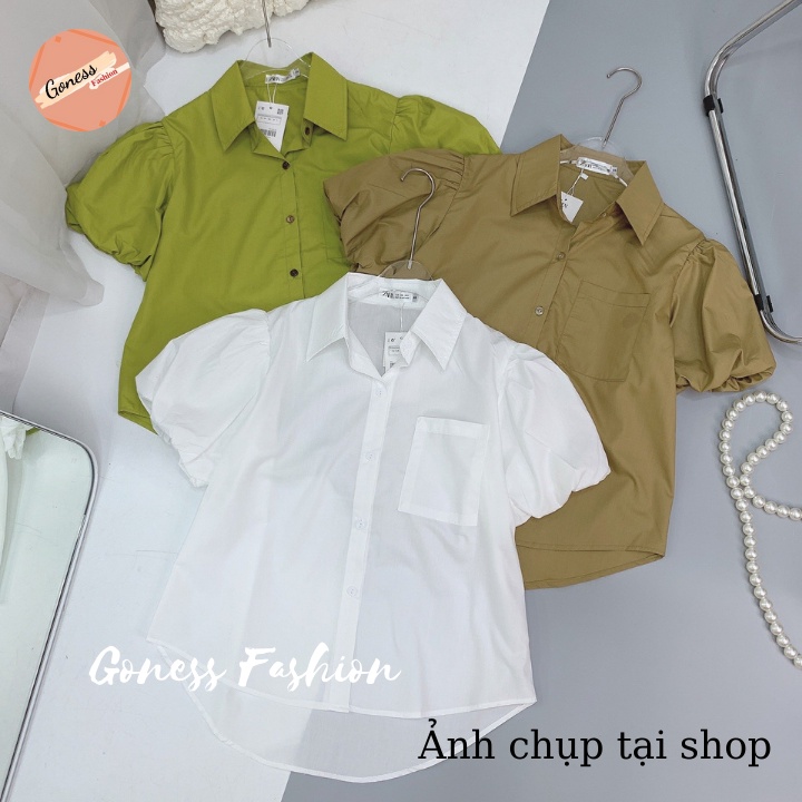 Áo sơ mi nữ Goness đẹp kiểu Hàn Quốc tay phồng ngắn tôn dáng nhiều màu sơmi cộc form suông vải cát hàn cao cấp