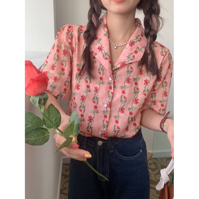 Áo Sơ Mi Tay Ngắn Họa Tiết Hoa Phong Cách retro Thời Trang Hàn Quốc Cho Nữ