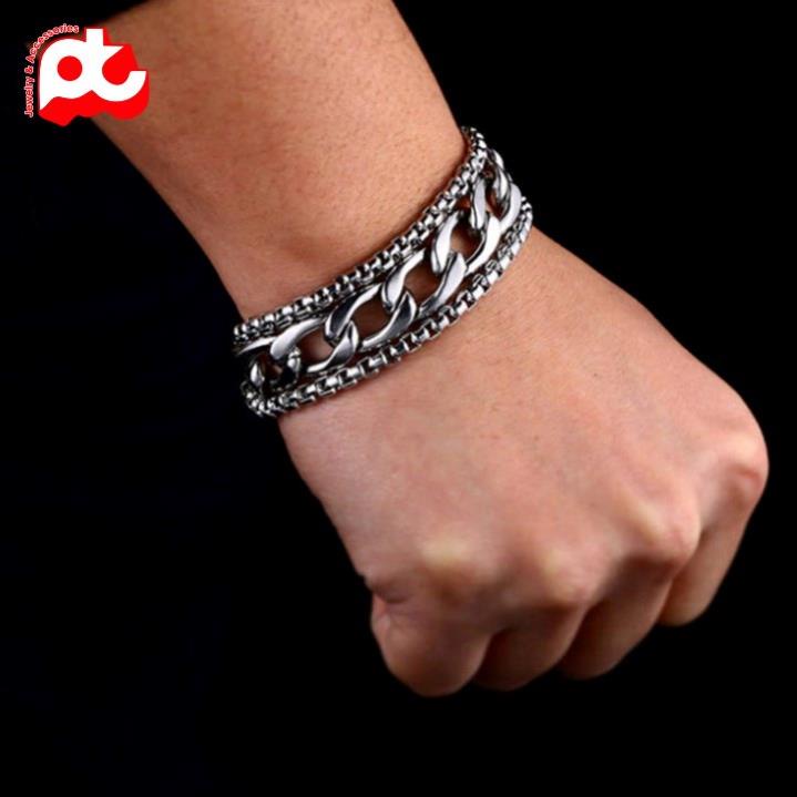 Lắc tay nam titan cao cấp rẻ đẹp thời trang cách điệu 3 sợi cá tính PT JEWELRY kích cỡ 9mm màu trắng PTLTNA07