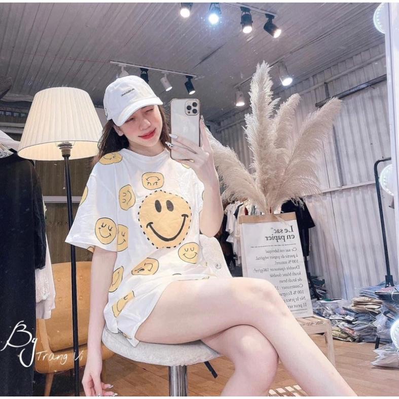 Set Thun Mặt Cười Kèm Short - Bộ Áo Thun Tay Lỡ Form Rộng Hoạ Tiết ICon Dễ Thương Kèm Quần Đùi Cạp Chun