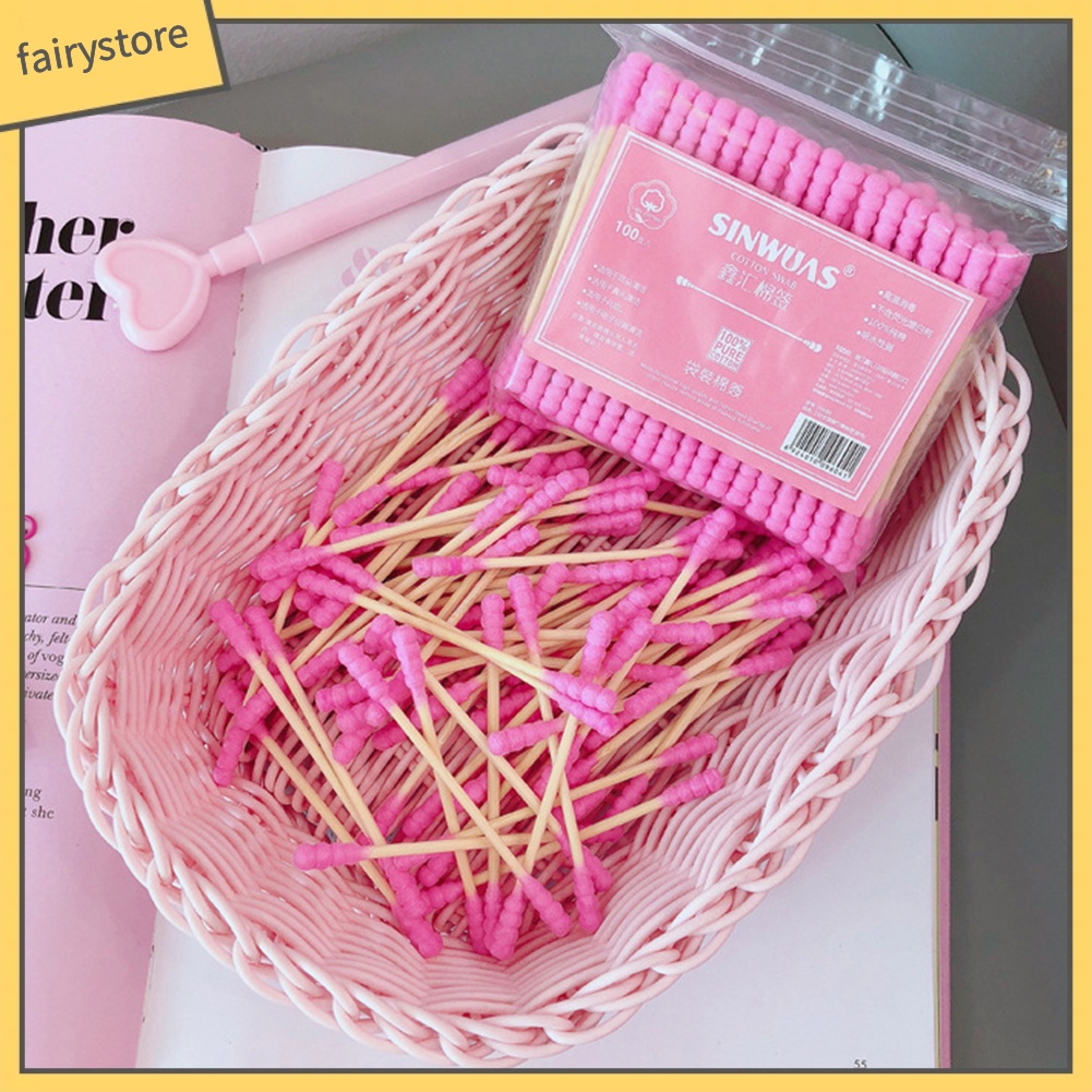 Bộ 100 tăm bông tẩy trang thiết kế 2 đầu màu hồng