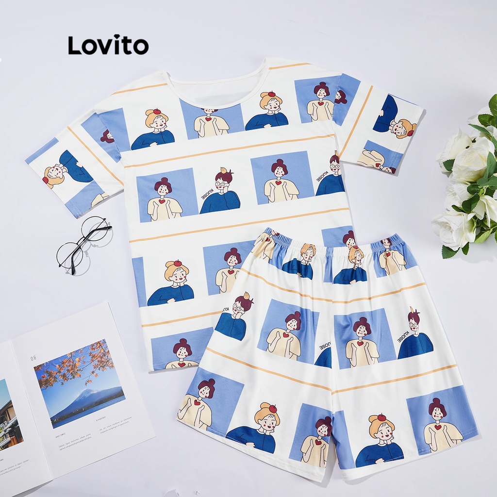 Bộ pijama Lovito dáng rộng cổ tròn mặc chui đầu in hoạt hình dễ thương phong cách cơ bản L23AD148 (màu xanh lam)