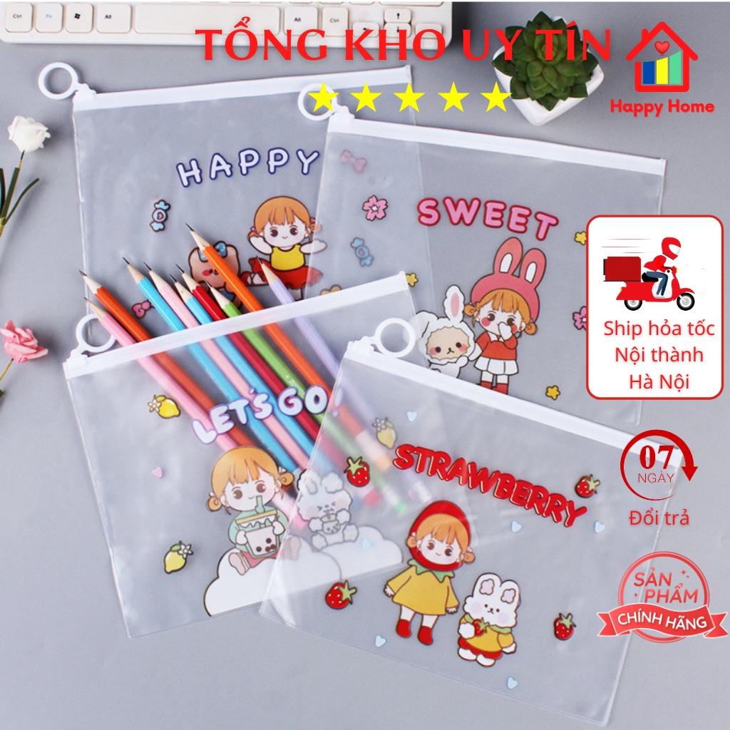 Túi zip lụa đựng bút, mỹ phẩm, dụng cụ học tập trong suốt hình bé gái 17x21 cm Happy Home