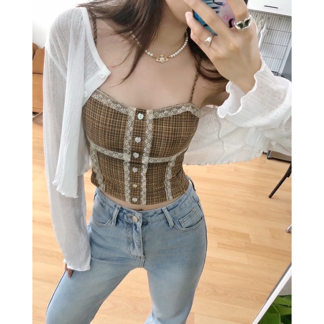 JANET STUDIO • Áo 2 dây ca rô nâu