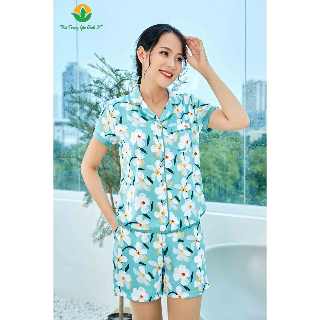 Bộ pijama lụa Việt Thắng nữ quần đùi áo cộc tay họa tiết trẻ trung - B43.2203