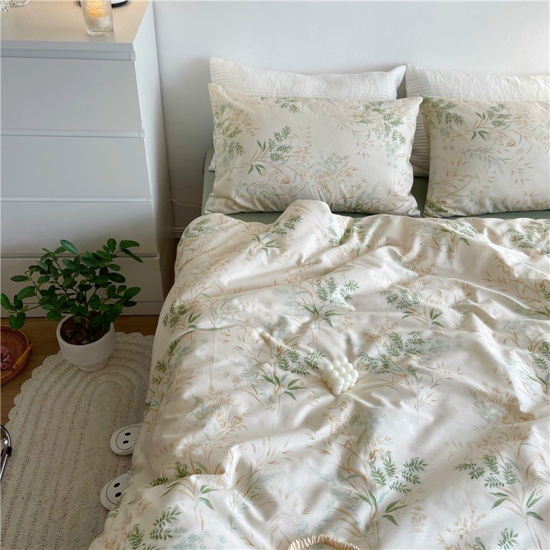 Chăn Ga Gối Cotton Living 💝 FREESHIP 💝 Bộ Chăn Ga Cotton 100% "Hoa Nhí Trắng" nhập khẩu 4 món