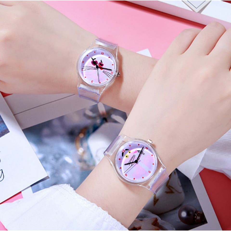 ĐỒNG HỒ NỮ CHÚ BÁO HỒNG DÂY TRONG SUỐT D348 SIÊU ĐÁNG YÊU