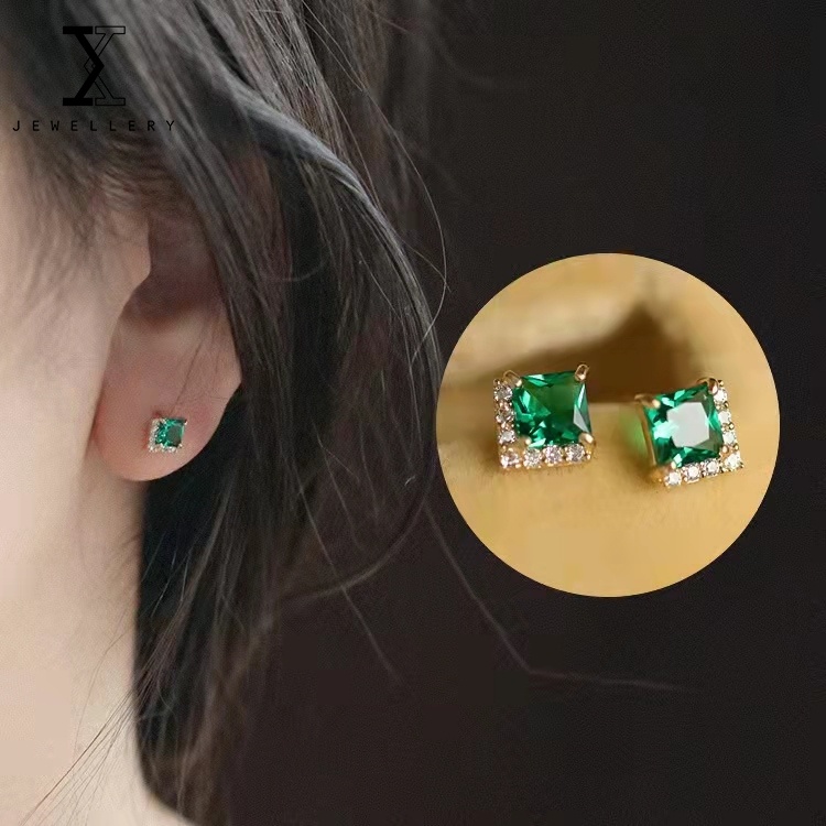 Bông Tai Mạ Vàng 14K 100% S925 Hình Vuông Đính Đá Zircon Xanh Lá Thời Trang Đơn Giản Dễ Phối Đồ Cho Nữ