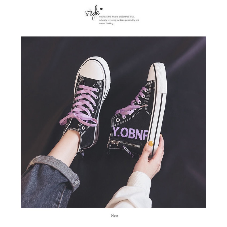 Giày Thể Thao Vải Canvas Cổ Cao Có Dây Kéo Bên Phong Cách Thể Thao Mới 2021 Cho Nữ Sinh
