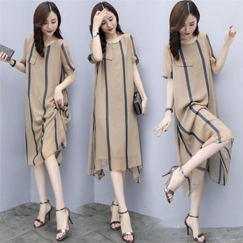 Đầm Dáng Chữ A Tay Ngắn Dáng Rộng Họa Tiết Kẻ Sọc Thời Trang Xinh Xắn Cho Nữ