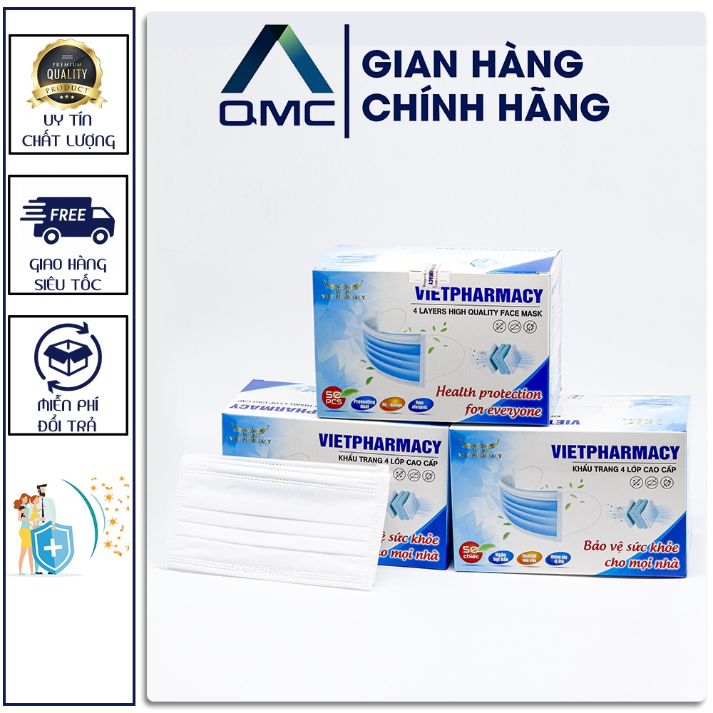 Khẩu trang y tế, Khẩu trang  4 lớp VIETPHARMACY màu trắng, hộp 50c