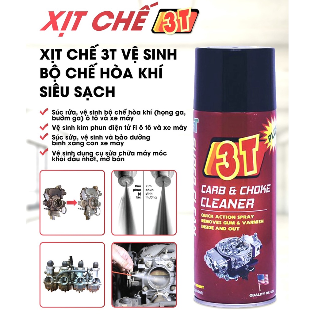 Bình xịt rửa chế hòa khí ô tô xe máy 3T - Dung dịch vệ sinh họng ga, chai vệ sinh bình xăng con 3T