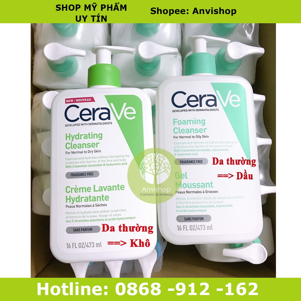 Sữa rửa mặt Cerave Foaming Facial Cleanser bản Mỹ (Pháp) ANVISHOP Cerave da dầu &amp; Da Khô các size 236ml - 355ml - 473ml