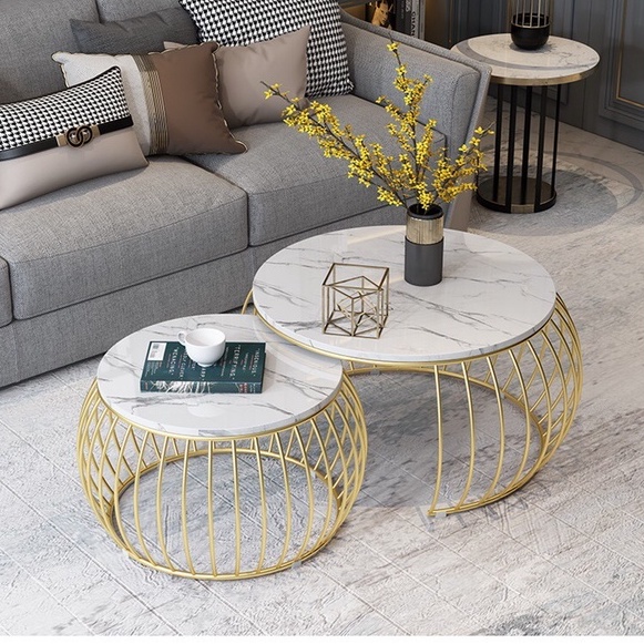 Bàn Trà Đôi Tròn Đẹp, Bàn Sofa Uống Nước Phòng Khách Chân Mặt Đá Cẩm Thạch Cao Cấp