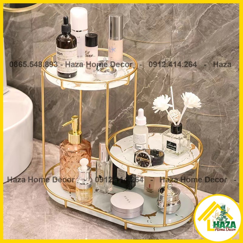 SẴN- Kệ mỹ phẩm 3 tầng tròn khung sắt sơn vàng, đĩa kính vân đá sang trọng đựng đồ trang điểm, mỹ phẩm