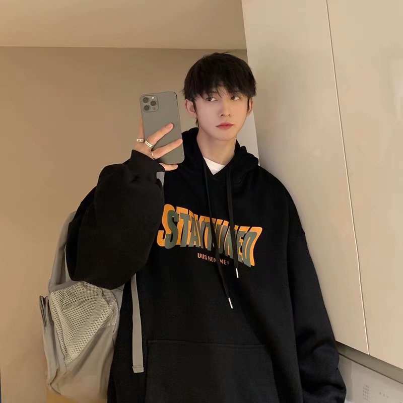 Bốn màu Áo hoodie dáng rộng in chữ phong cách Hàn Quốc nam tính big size simple áo hoodie nữ form rộng dày