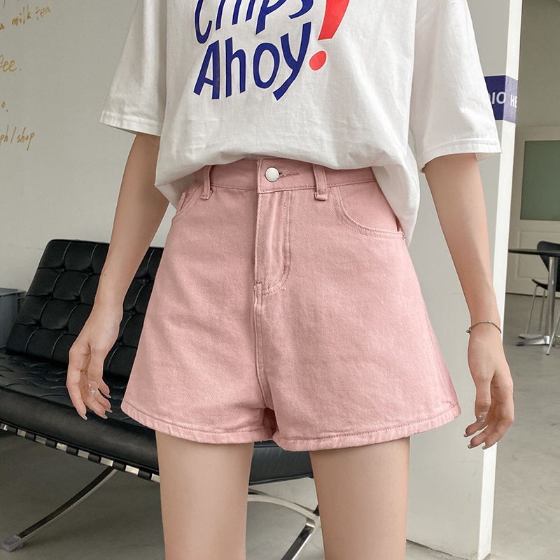 Quần denim ngắn lưng cao ống rộng màu hồng dễ thương cho nữ