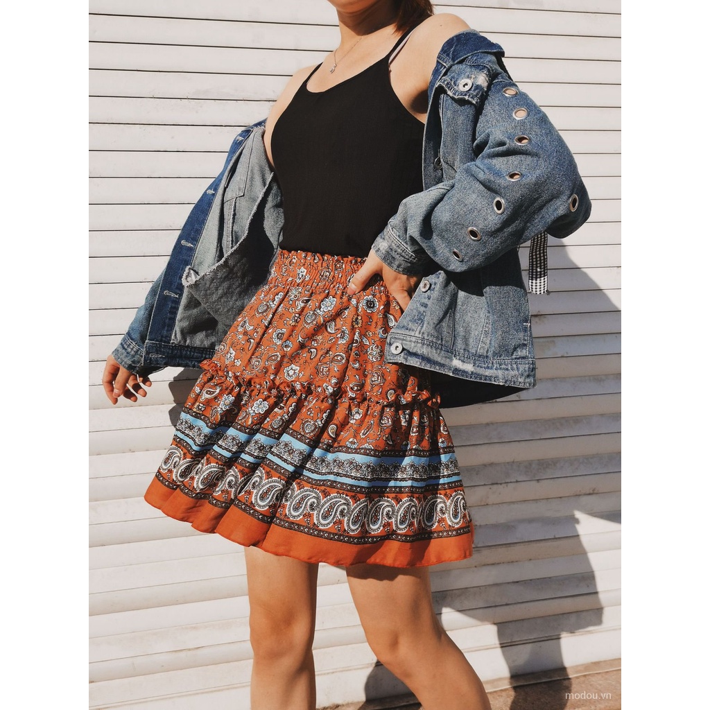 Chân váy mini dáng lưng cao họa tiết phong cách bohemian thời trang dành cho nữ