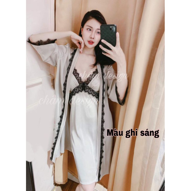 sét váy ngủ kèm choàng màu ghi pha ren đen nẹp áo và gấu tay siêu đẹp, hàng thiết kế độc quyền tại shop
