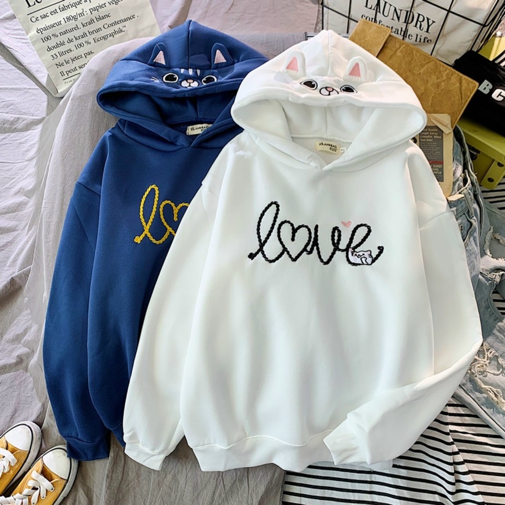 Áo hoodie Nữ thêu chữ Love, phối nón hình Mèo i hình - Hot trend 2021