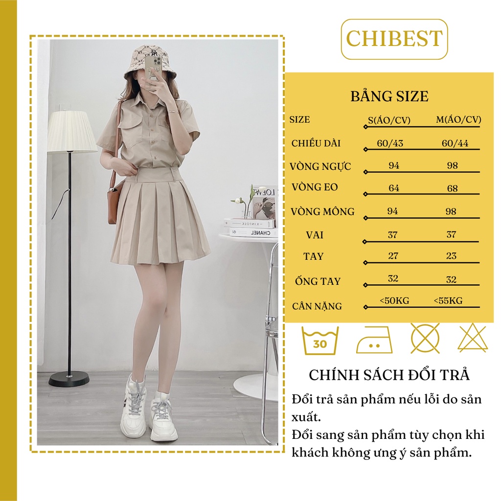 Set Bộ nữ kaki áo somi 2 túi phối cv xếp ly đai eo CHIBEST ASB84