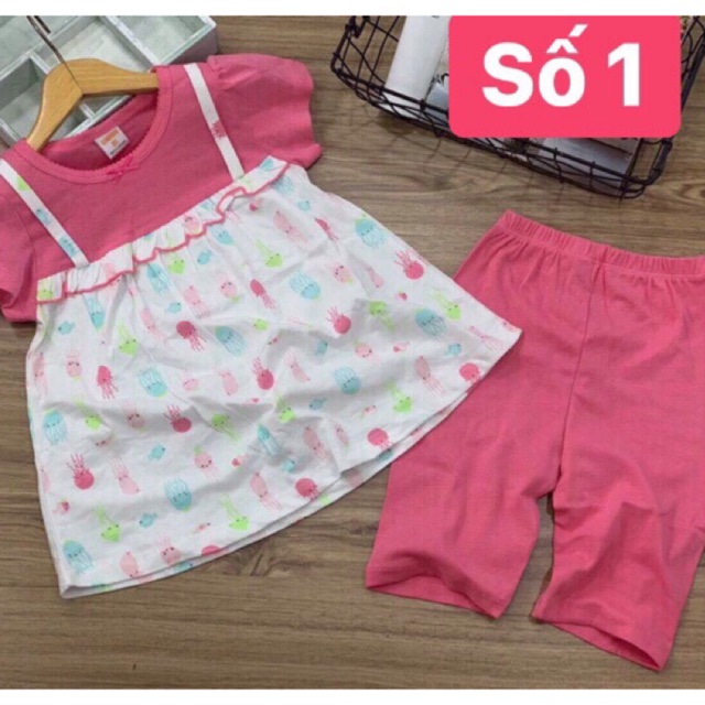 Bộ thun cotton phối bozip quần ngố bé gái size 20-35kg