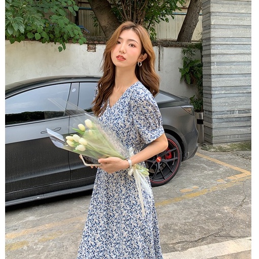 Đầm Đuôi Cá Cổ Chữ V Tay Phồng Họa Tiết Hoa Màu Xanh Dương Thời Trang Mùa Hè Hàn Quốc 2022 Cho Nữ