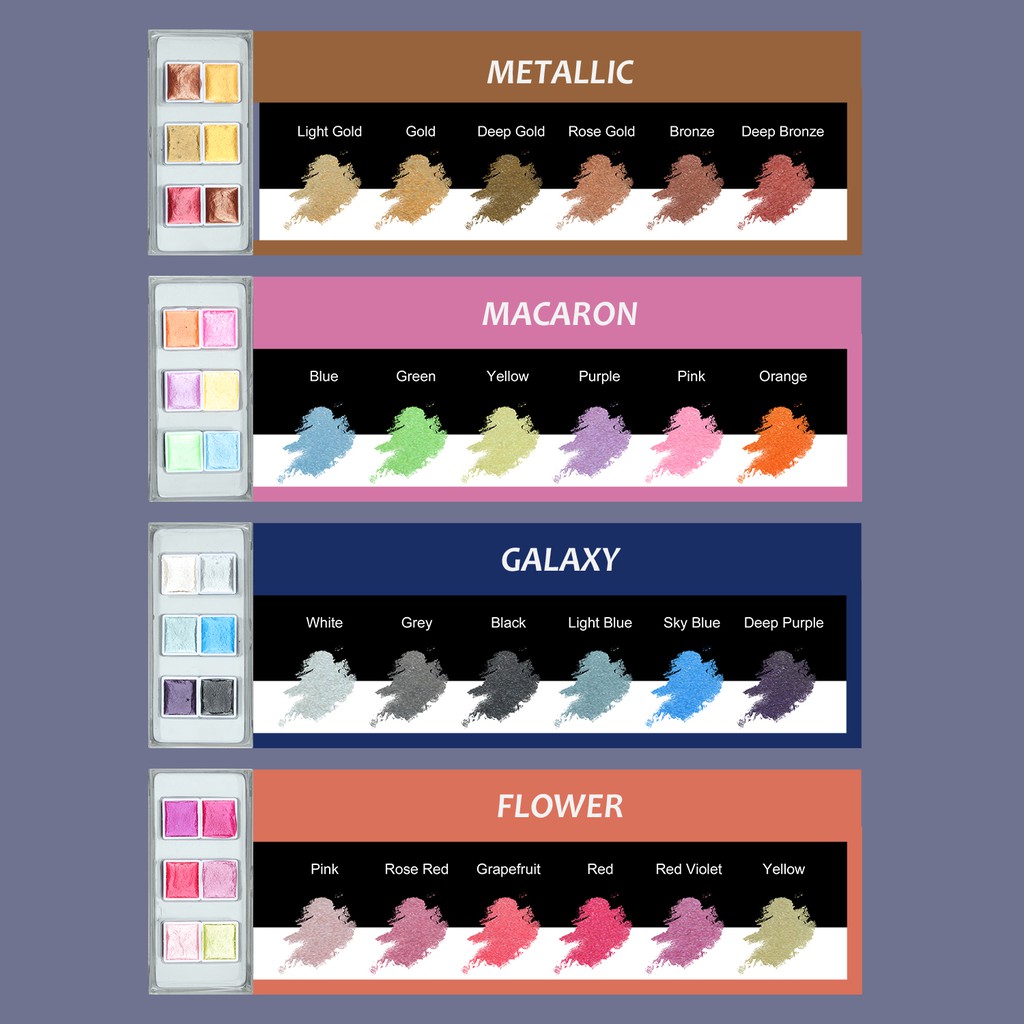 SeamiArt 6 12 Colors Portable Glittery Metallica Solid Watercolor Set