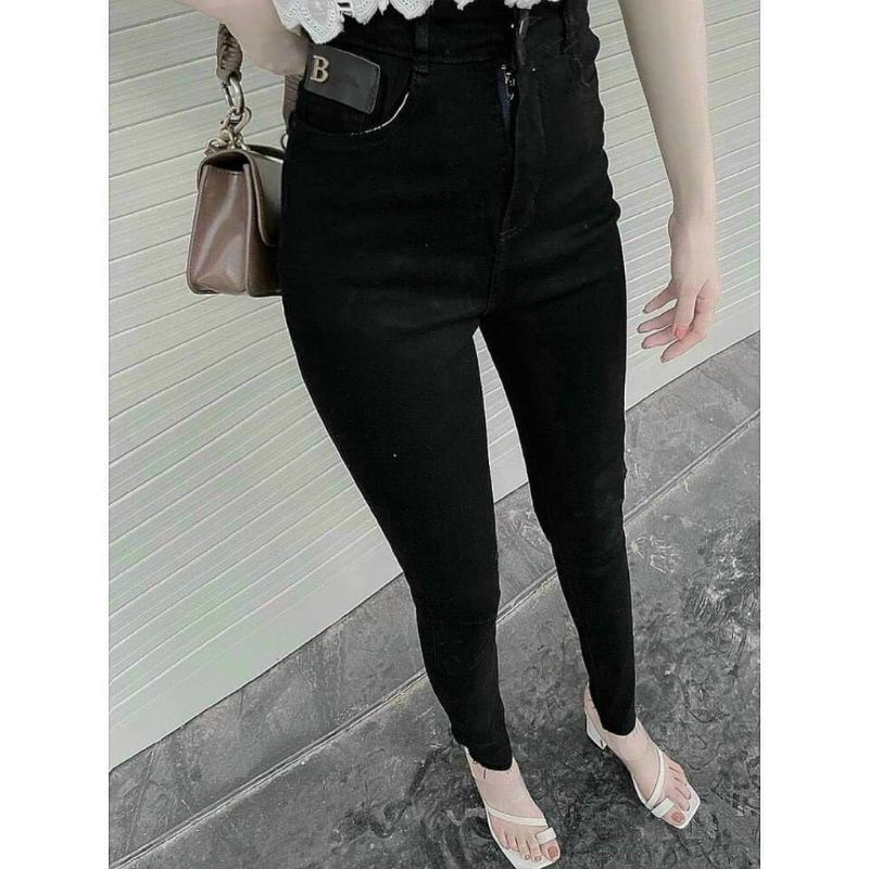 Quần jeans mác da đen rách đùi siêu co giãn ôm chân tôn dáng