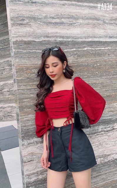 Áo crop xếp li tay dài (có ảnh thật)