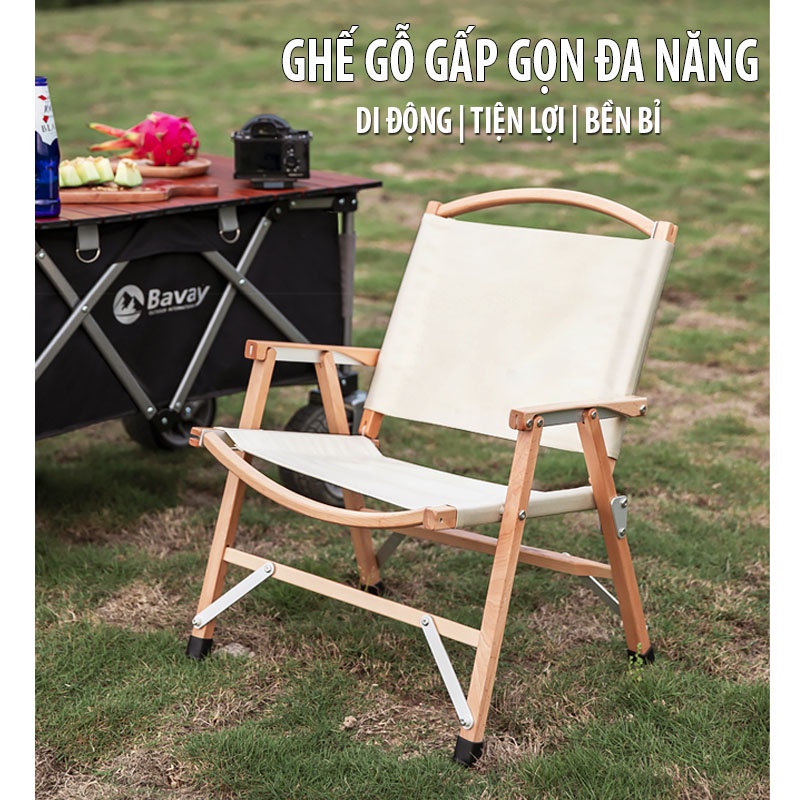 Ghế gỗ xếp gấp gọn, Ghế cắm trại tựa lưng có tỳ tay có túi đựng gỗ sồi cắm trại dã ngoại du lịch