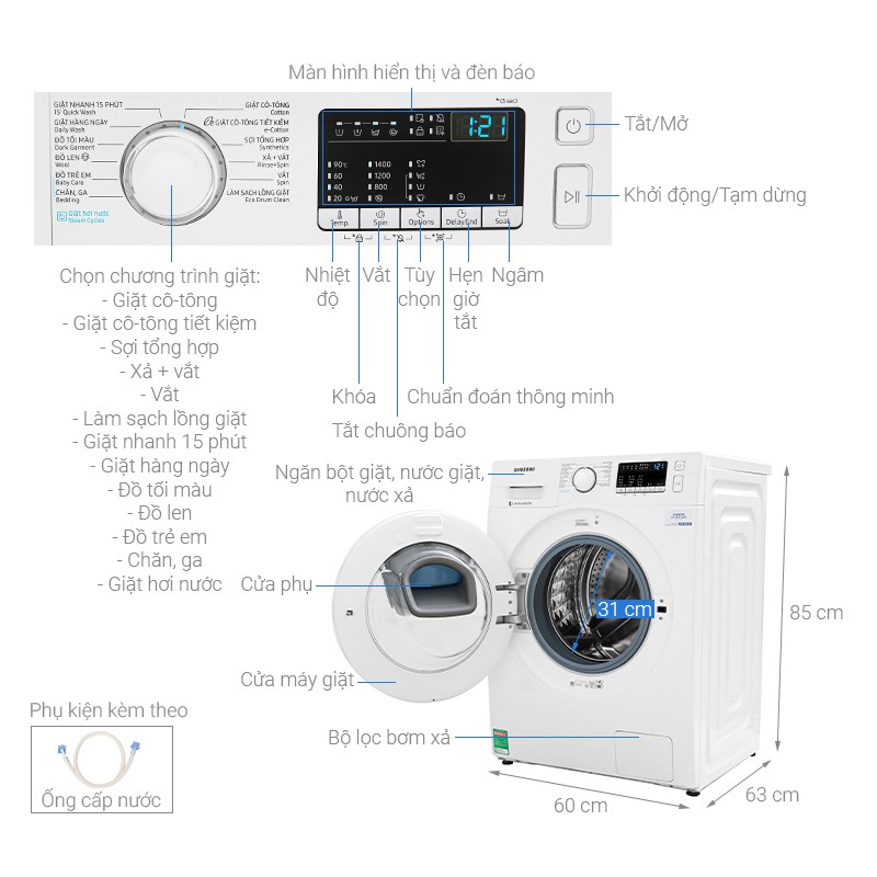 [Mã ELMALL100 giảm 100K đơn 5TR] Máy giặt cửa trước Samsung Addwash Inverter 10 Kg WW10K44G0YW/SV