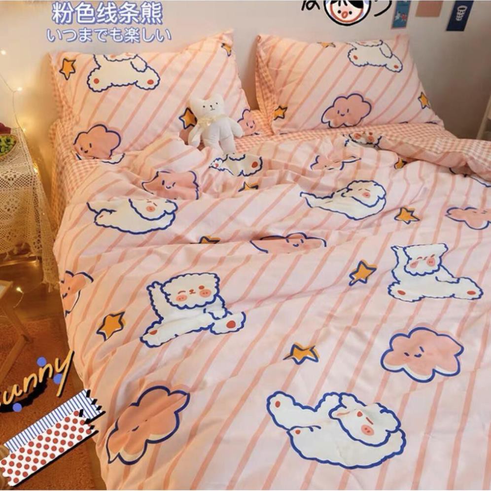 Chăn ga gối cotton poly gấu hồng kẻ chéo nhập khẩu bộ 4 món Chăn, ga , 2 vỏ gối Happy Bedding
