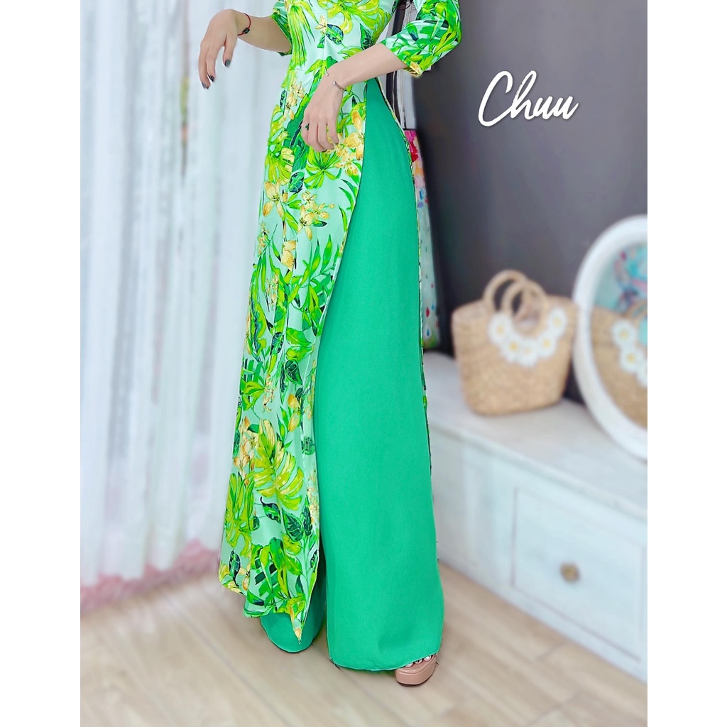 Quần áo dài châu tôn màu xanh lá có bo chun CHUU F8005