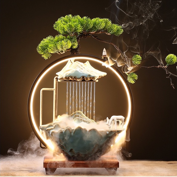 Trang trí may mắn thác nước hương trầm - Nước chảy đồi núi sáng tạo - Đồ thờ, quà tặng tân gia cao cấp