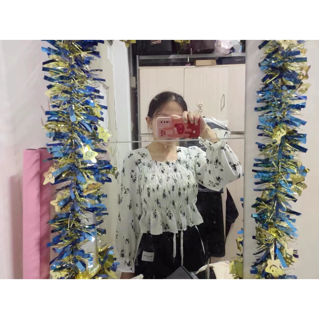 Áo kiểu BH tay dài cổ vuông in họa tiết hoa thời trang mùa thu cho nữ