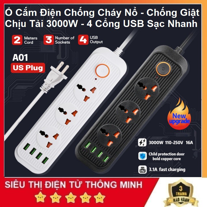 Ổ Điện A01 Đa Năng 220v, Chống Cháy Nổ - Chống Giật - Có 4 Cổng USB Sạc Nhanh QC3.0 - Chịu Tải 3000W - Bảo Hành 24 Tháng