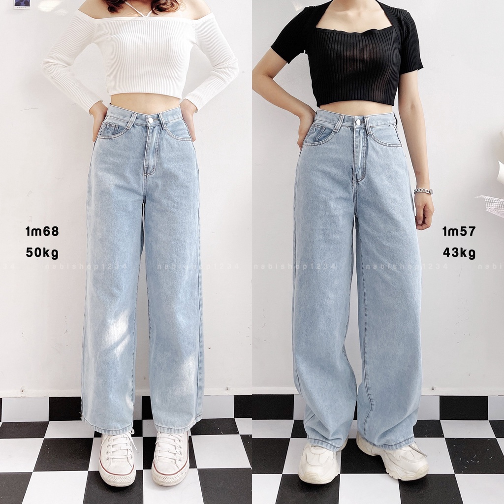 Quần Ống Rộng Suông Nữ Lưng Cao Vải Jeans Trơn Mã 3100 + 3121 (ẢNH THẬT) - Nabishop1234