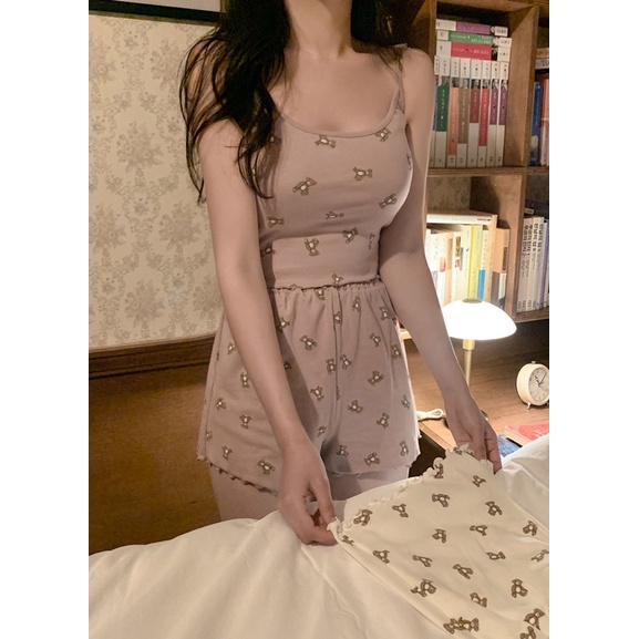 bộ mặc nhà áo hai dây + quần short cotton phong cách học sinh kiểu dáng hàn quốc