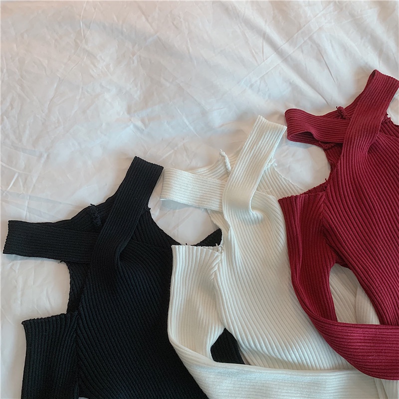 QKOOLE  Áo dệt kim tay dài dáng ôm phong cách Hàn Quốc quyến rũ dành cho nữ