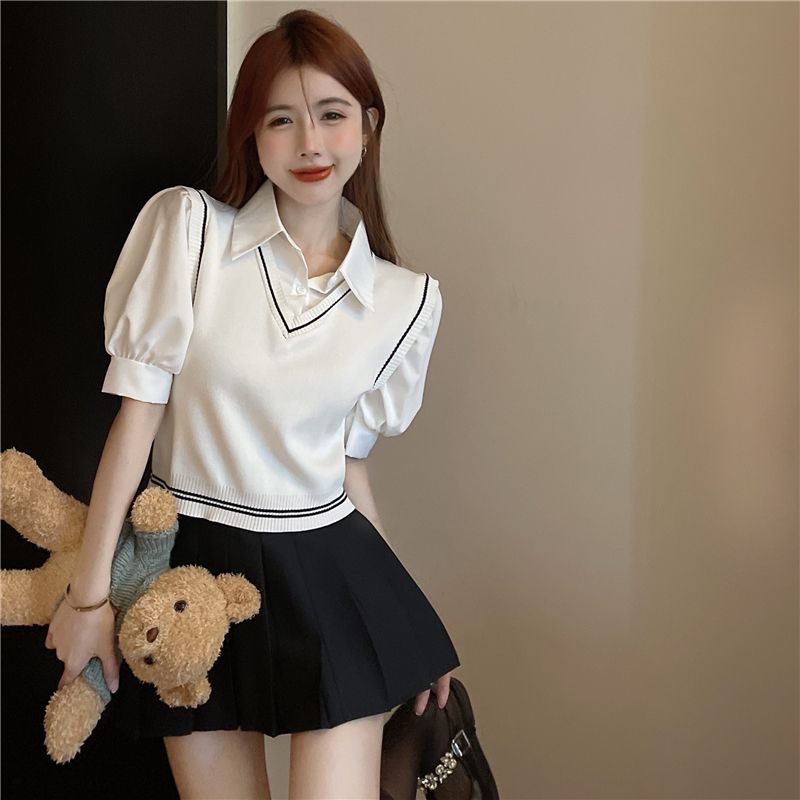 Áo Sweater Ngắn Tay Cổ POLO Giả Hai Lớp Thời Trang Cho Nữ  tao bao